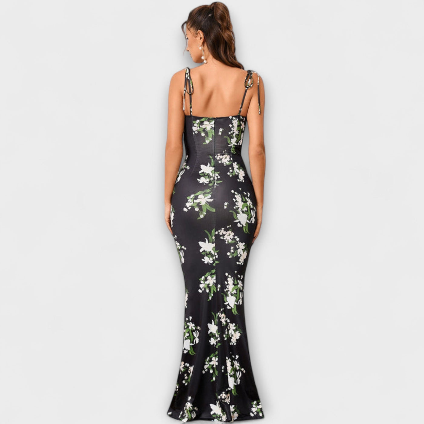 Thalia - Floral Print Prom Dress with Tied Shoulder Straps