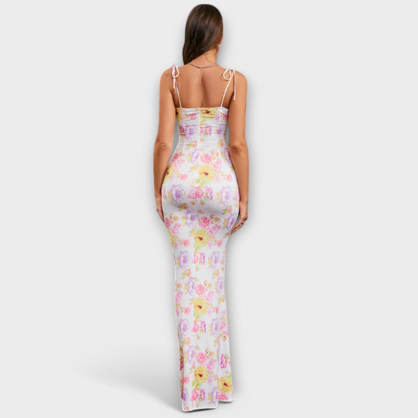 Thalia - Floral Print Prom Dress with Tied Shoulder Straps