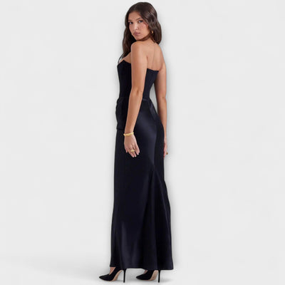 Off-the-Shoulder Satin Maxi Dress with Draping